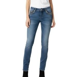 Montana Jeans Womens 3/4 Embellished Pocket Denim Jeans Blue Skinny Fit Casual